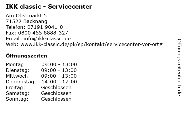 IKK classic - Servicecenter in Backnang: Adresse und Öffnungszeiten