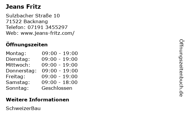 Jeans Fritz in Backnang: Adresse und Öffnungszeiten
