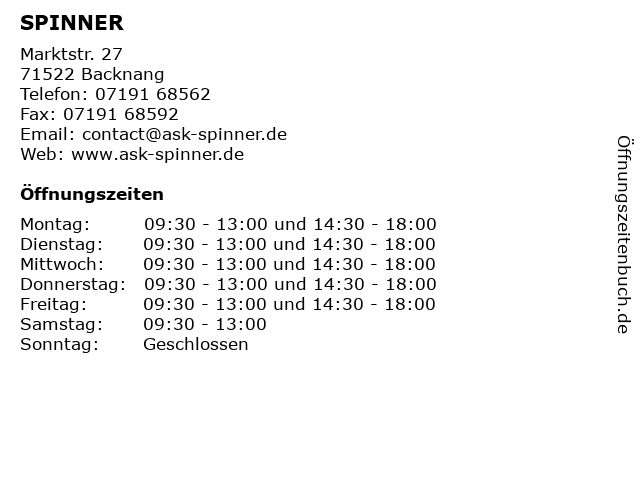 SPINNER in Backnang: Adresse und Öffnungszeiten