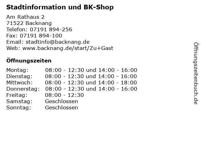 Stadtinformation und BK-Shop in Backnang: Adresse und Öffnungszeiten