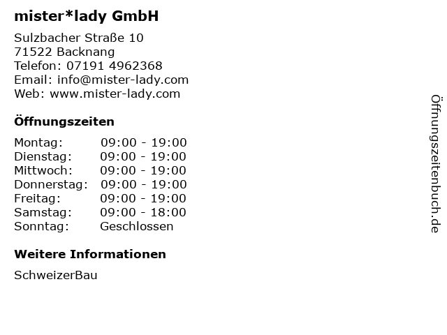 mister*lady GmbH in Backnang: Adresse und Öffnungszeiten