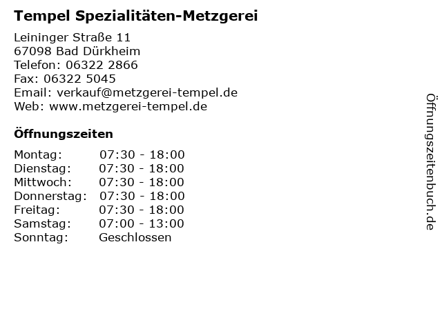 ᐅ Öffnungszeiten „Tempel Spezialitäten-Metzgerei“ | Leininger Straße 11 ...
