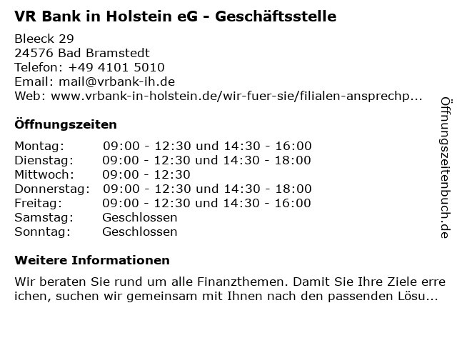 VR Bank in Holstein eG - Geschäftsstelle in Bad Bramstedt: Adresse und Öffnungszeiten