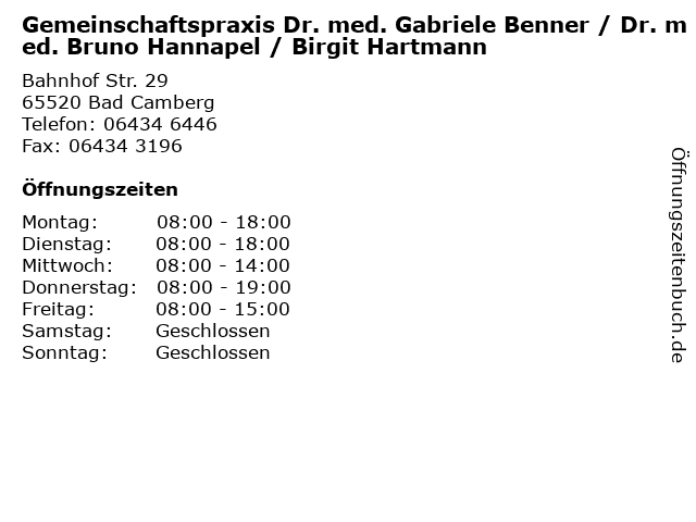 Gemeinschaftspraxis Dr. med. Gabriele Benner / Dr. med. Bruno Hannapel / Birgit Hartmann in Bad Camberg: Adresse und Öffnungszeiten