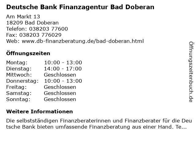 ᐅ Offnungszeiten Finanzagentur Fur Die Deutsche Bank