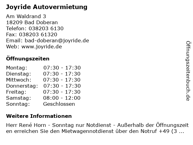 ᐅ Offnungszeiten Joyride Autovermietung Am Waldrand 3 In Bad Doberan
