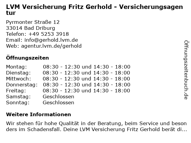 LVM Versicherung Fritz Gerhold - Versicherungsagentur in Bad Driburg: Adresse und Öffnungszeiten