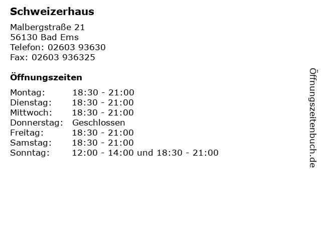 ᐅ Offnungszeiten Schweizerhaus Malbergstrasse 21 In Bad Ems