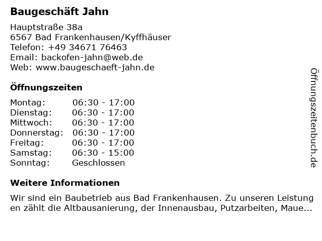 Baugeschäft Jahn in Bad Frankenhausen/Kyffhäuser: Adresse und Öffnungszeiten