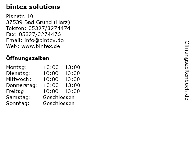 bintex solutions in Bad Grund (Harz): Adresse und Öffnungszeiten