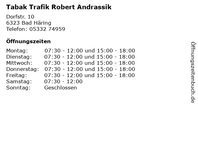 Tabak Trafik Robert Andrassik in Bad Häring: Adresse und Öffnungszeiten