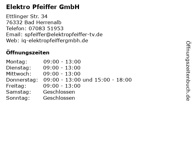 Elektro Pfeiffer GmbH in Bad Herrenalb: Adresse und Öffnungszeiten