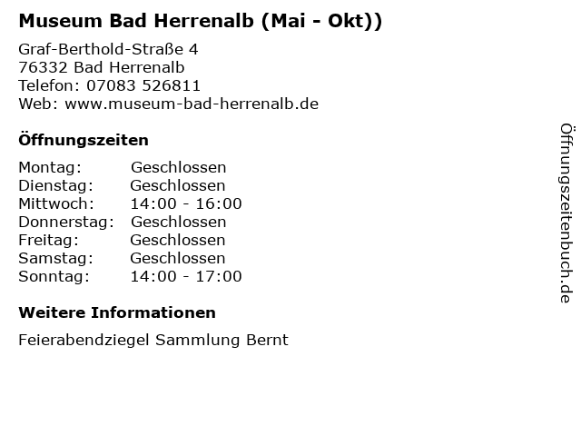 Museum Bad Herrenalb (Mai - Okt)) in Bad Herrenalb: Adresse und Öffnungszeiten
