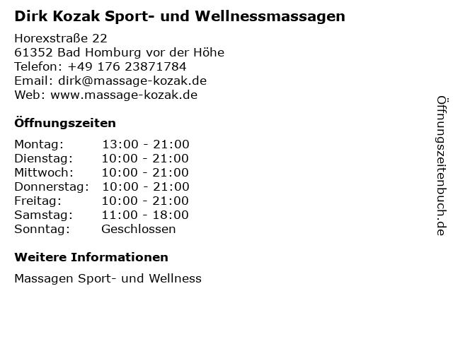 Dirk Kozak Sport- und Wellnessmassagen in Bad Homburg vor der Höhe: Adresse und Öffnungszeiten
