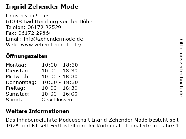 Ingrid Zehender Mode in Bad Homburg vor der Höhe: Adresse und Öffnungszeiten