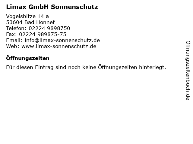 Limax GmbH Sonnenschutz in Bad Honnef: Adresse und Öffnungszeiten
