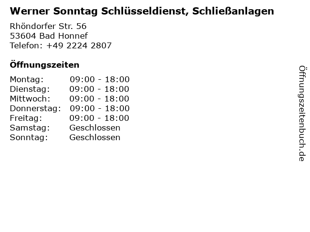 Werner Sonntag Schlüsseldienst, Schließanlagen in Bad Honnef: Adresse und Öffnungszeiten