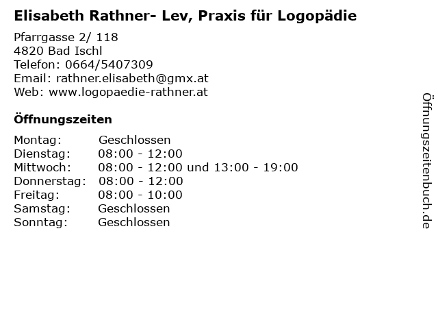 Elisabeth Rathner- Lev, Praxis für Logopädie in Bad Ischl: Adresse und Öffnungszeiten