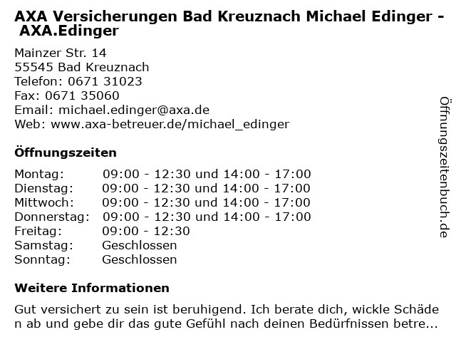 AXA Versicherungen Bad Kreuznach Michael Edinger - AXA.Edinger in Bad Kreuznach: Adresse und Öffnungszeiten