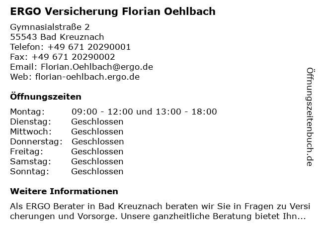 ERGO Versicherung Florian Oehlbach in Bad Kreuznach: Adresse und Öffnungszeiten