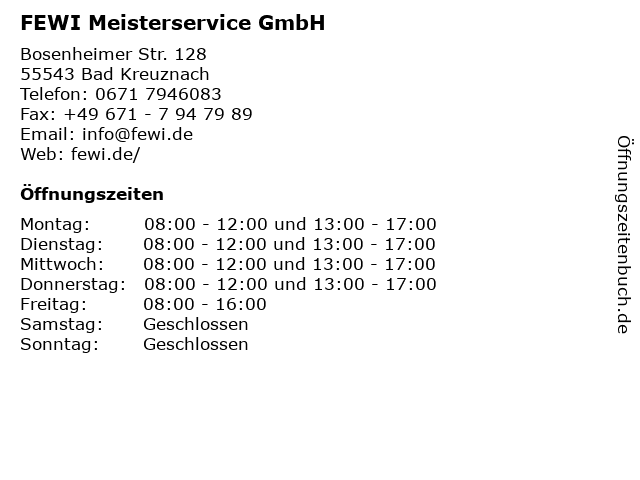 FEWI Meisterservice GmbH in Bad Kreuznach: Adresse und Öffnungszeiten