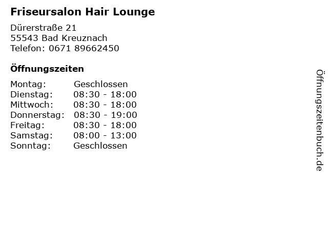 Friseursalon Hair Lounge in Bad Kreuznach: Adresse und Öffnungszeiten