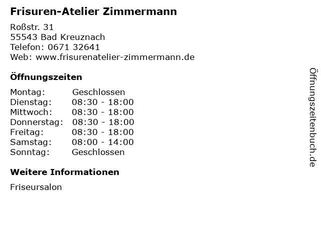 Frisuren-Atelier Zimmermann in Bad Kreuznach: Adresse und Öffnungszeiten