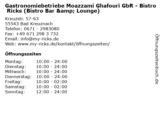 Gastronomiebetriebe Moazzami Ghafouri GbR - Bistro Ricks (Bistro Bar & Lounge) in Bad Kreuznach: Adresse und Öffnungszeiten