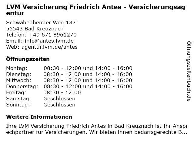 LVM Versicherung Friedrich Antes - Versicherungsagentur in Bad Kreuznach: Adresse und Öffnungszeiten