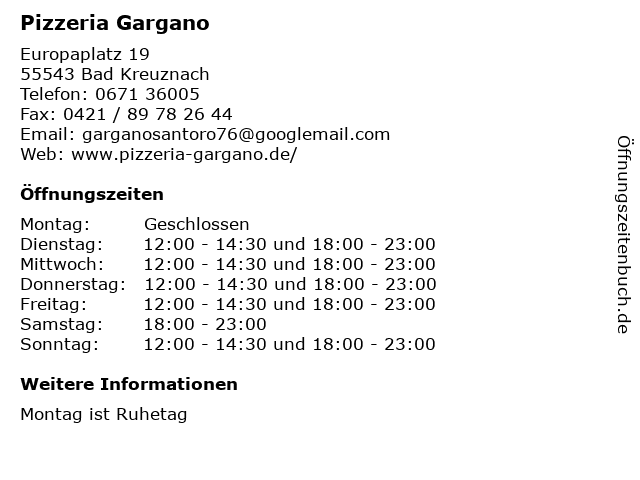 Pizzeria Gargano in Bad Kreuznach: Adresse und Öffnungszeiten