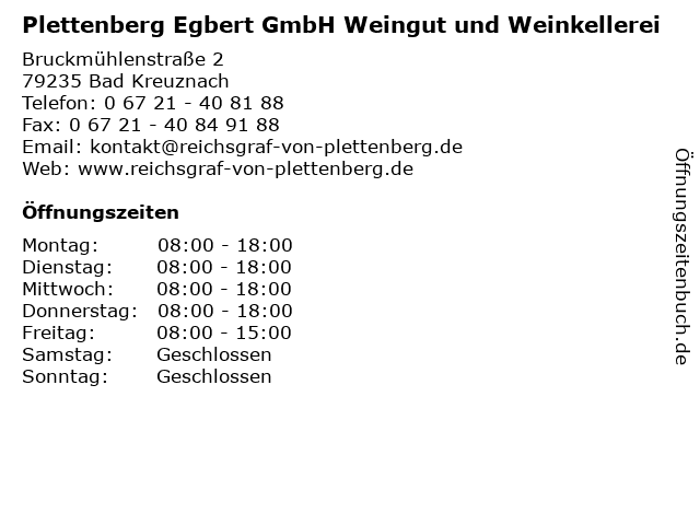 Plettenberg Egbert GmbH Weingut und Weinkellerei in Bad Kreuznach: Adresse und Öffnungszeiten