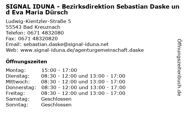 SIGNAL IDUNA - Bezirksdirektion Sebastian Daske und Eva Maria Dürsch in Bad Kreuznach: Adresse und Öffnungszeiten