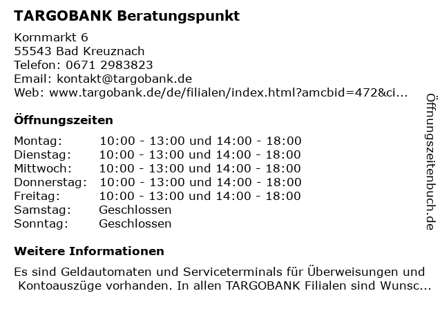 ᐅ Offnungszeiten Targobank Kornmarkt 6 In Bad Kreuznach