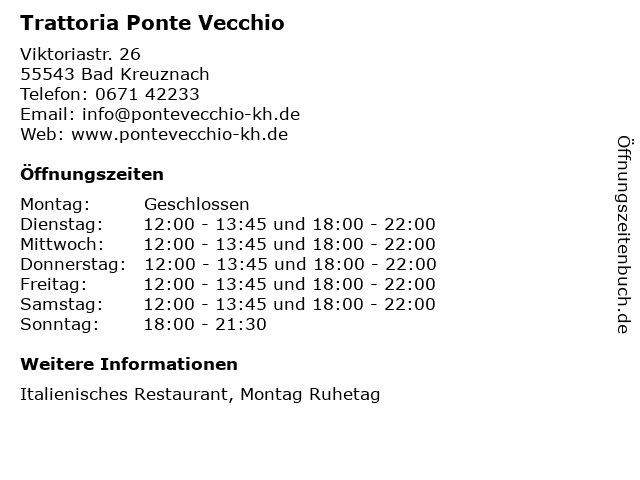 Trattoria Ponte Vecchio in Bad Kreuznach: Adresse und Öffnungszeiten