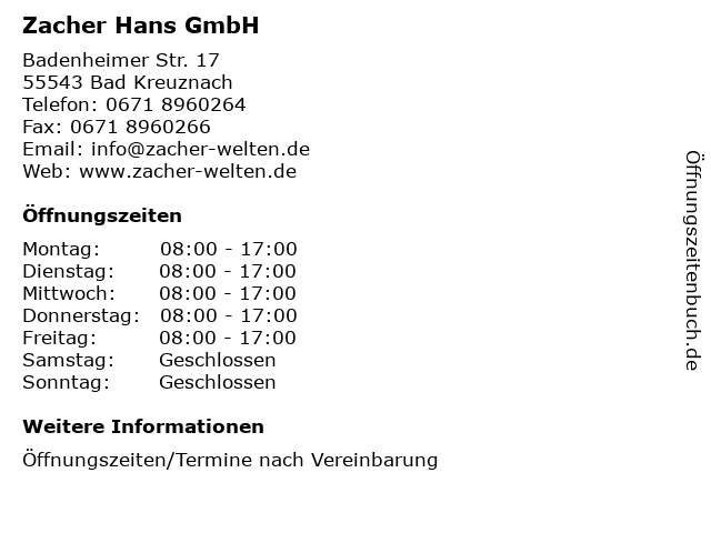 Zacher Hans GmbH in Bad Kreuznach: Adresse und Öffnungszeiten
