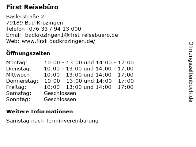 First Reisebüro in Bad Krozingen: Adresse und Öffnungszeiten