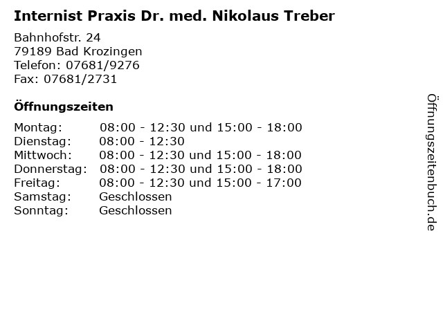 Internist Praxis Dr. med. Nikolaus Treber in Bad Krozingen: Adresse und Öffnungszeiten
