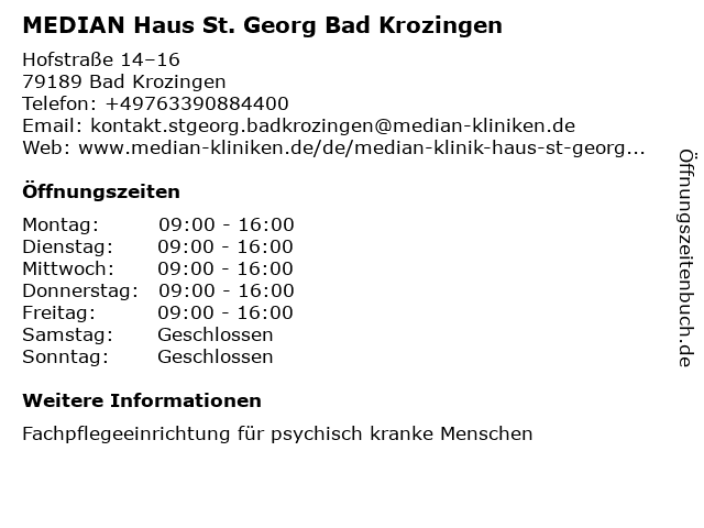 MEDIAN Haus St. Georg Bad Krozingen in Bad Krozingen: Adresse und Öffnungszeiten