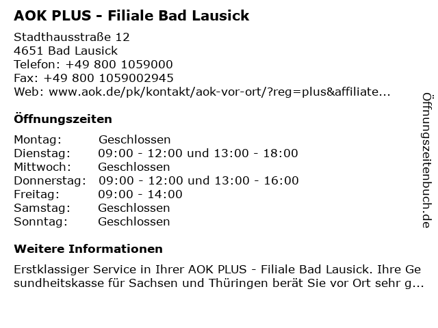 AOK PLUS - Filiale Bad Lausick in Bad Lausick: Adresse und Öffnungszeiten