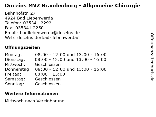 Doceins MVZ Brandenburg - Allgemeine Chirurgie in Bad Liebenwerda: Adresse und Öffnungszeiten