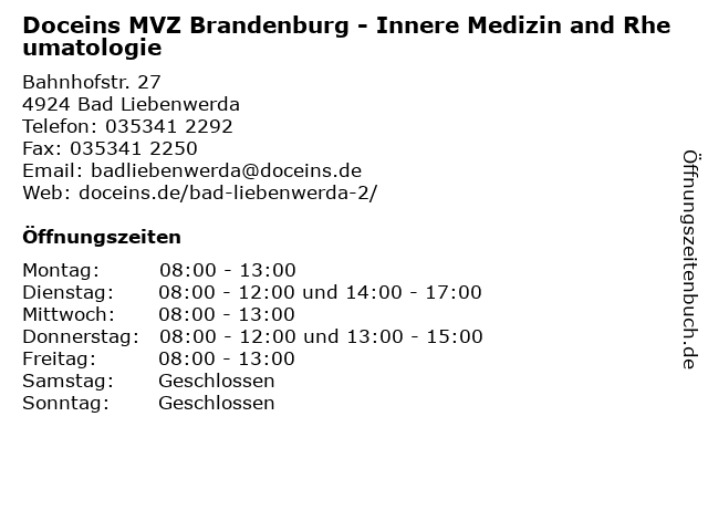 Doceins MVZ Brandenburg - Innere Medizin and Rheumatologie in Bad Liebenwerda: Adresse und Öffnungszeiten
