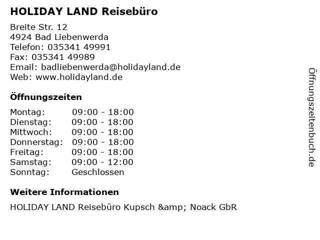 HOLIDAY LAND Reisebüro in Bad Liebenwerda: Adresse und Öffnungszeiten
