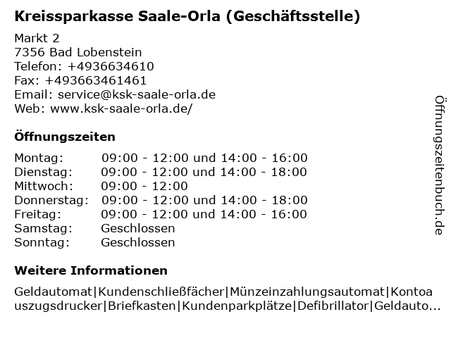ᐅ Offnungszeiten Kreissparkasse Saale Orla Geschaftsstelle Bad