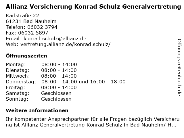 Allianz Versicherung Konrad Schulz Generalvertretung in Bad Nauheim: Adresse und Öffnungszeiten