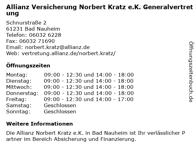Allianz Versicherung Norbert Kratz e.K. Generalvertretung in Bad Nauheim: Adresse und Öffnungszeiten