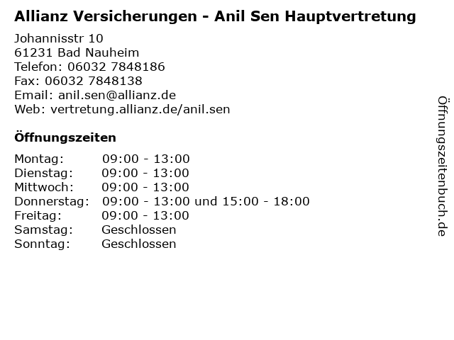 Allianz Versicherungen - Anil Sen Hauptvertretung in Bad Nauheim: Adresse und Öffnungszeiten