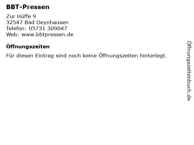 BBT-Pressen in Bad Oeynhausen: Adresse und Öffnungszeiten