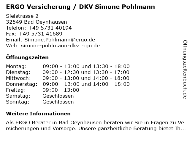 ᐅ Offnungszeiten Dkv Deutsche Krankenversicherung Simone Pohlmann Sielstrasse 2 In Bad Oeynhausen