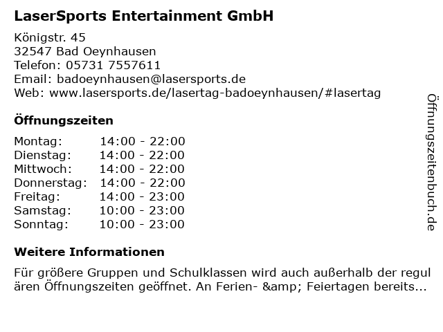 LaserSports Entertainment GmbH in Bad Oeynhausen: Adresse und Öffnungszeiten