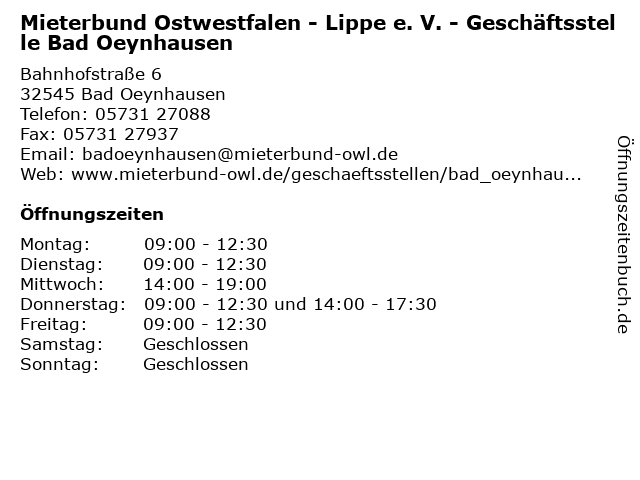 Mieterbund Ostwestfalen - Lippe e. V. - Geschäftsstelle Bad Oeynhausen in Bad Oeynhausen: Adresse und Öffnungszeiten